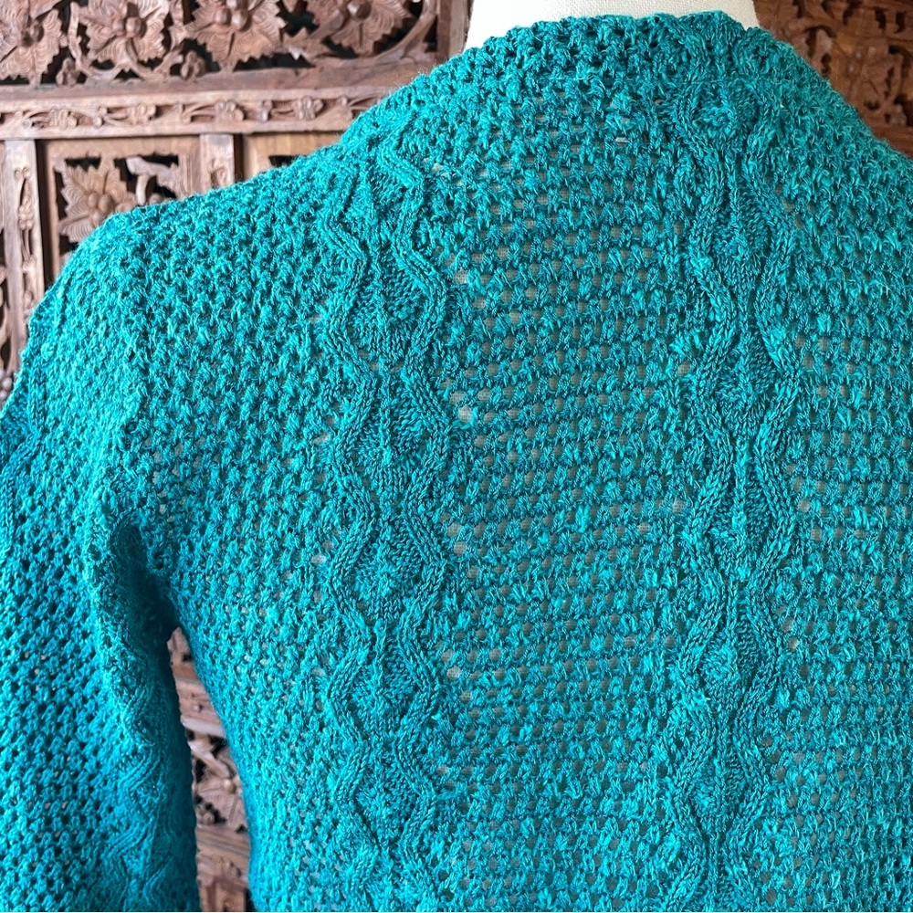 Vintage Teal Cotton Crochet Knit Tie-Neck Quarter Sleeve Sweater Boho Beach - Picture 12 of 13